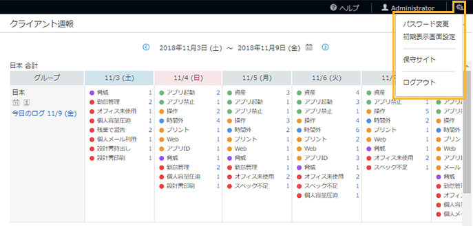「アカウント」メニュー