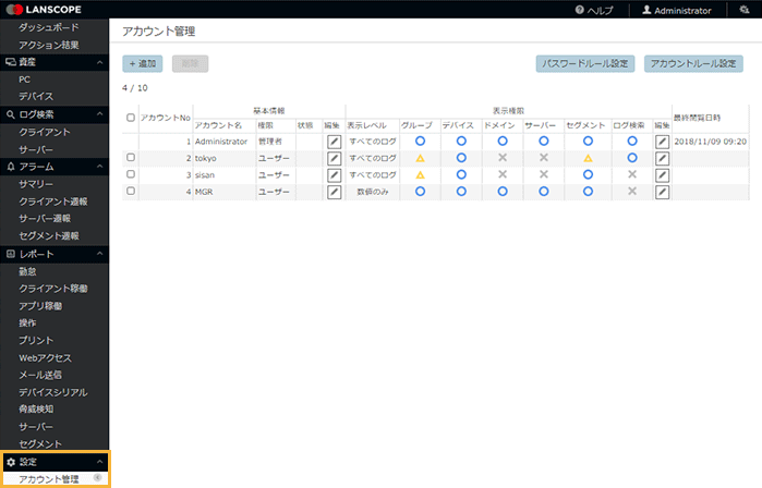 「アカウント管理」画面