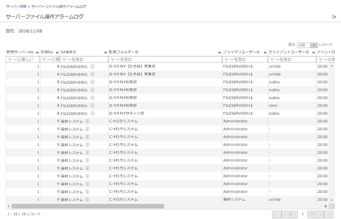 「サーバーファイル操作アラームログ」画面
