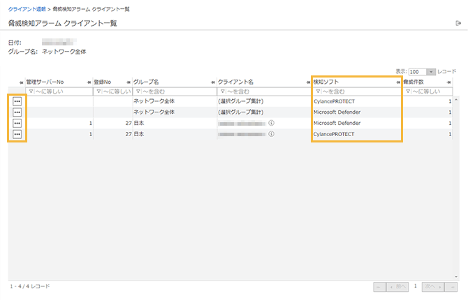 「脅威検知アラーム クライアント一覧」画面