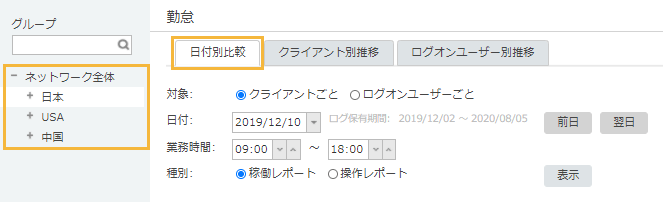 「勤怠 日付別比較」画面 「勤怠 日付別比較」画面