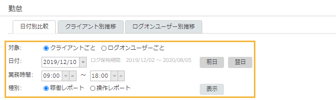 「勤怠 日付別比較」画面 「勤怠 日付別比較」画面