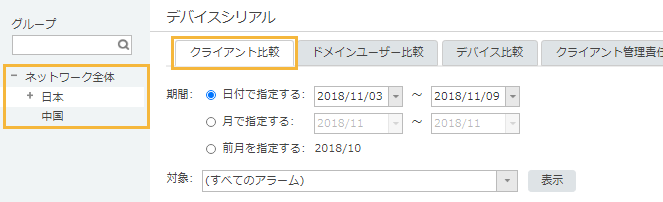 「デバイスシリアル クライアント比較」画面