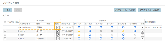 「アカウント管理」画面