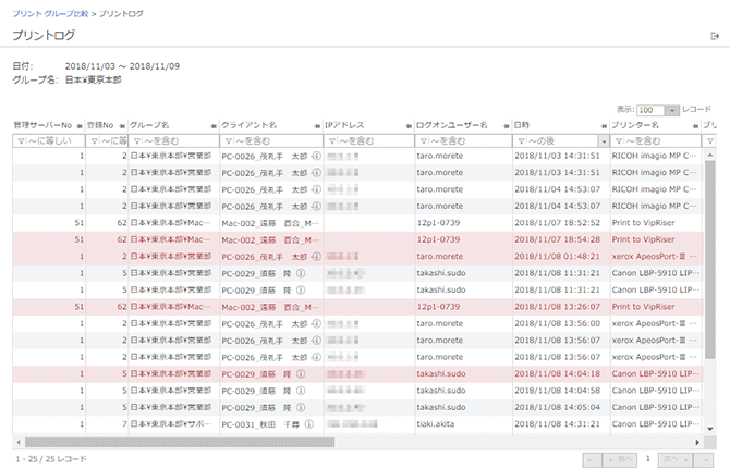 「プリントログ」画面